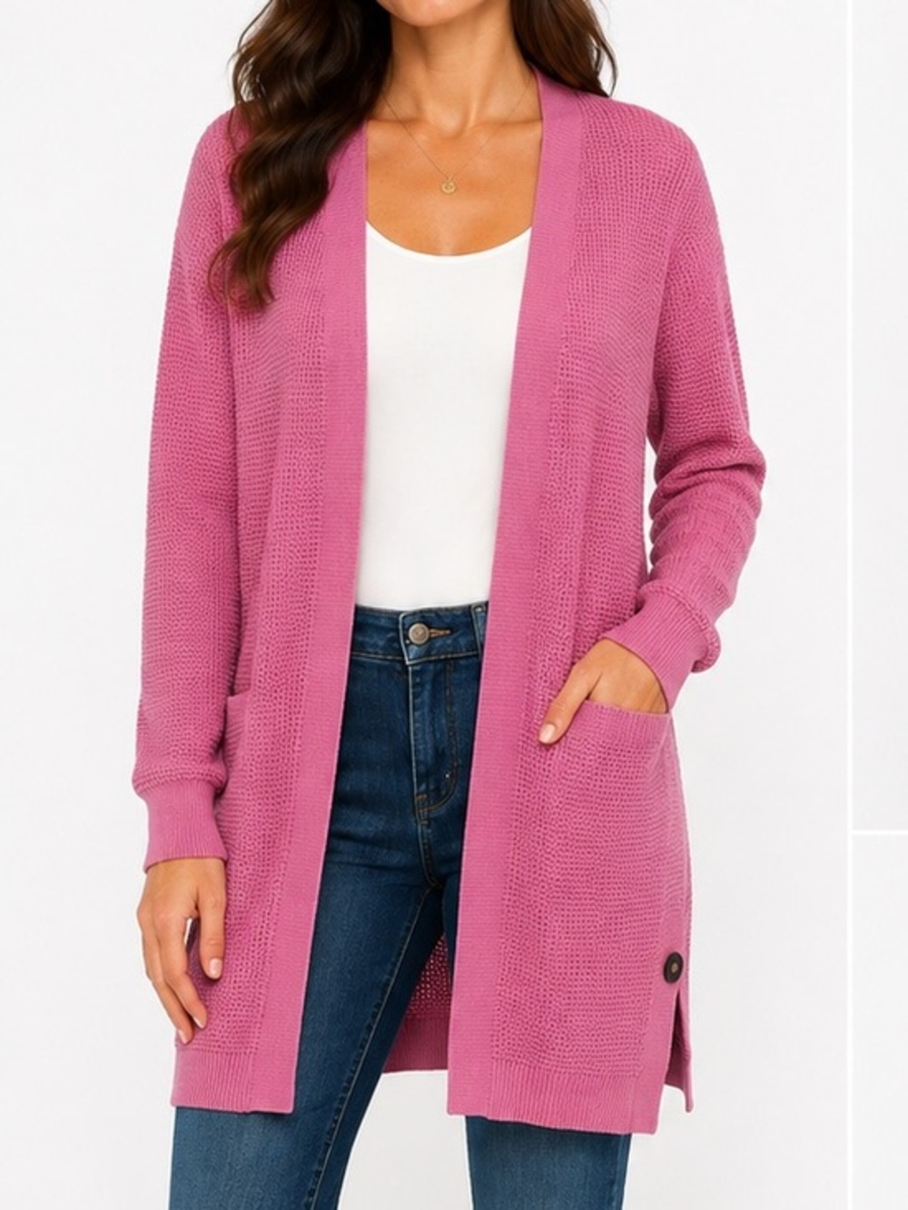 J. Jill Pink Waffle Knit Open Front Long Cardigan Sweater Size Medium